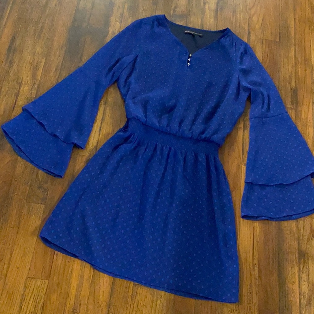 White House Black Market Cobalt Blue Dot Tiered Bell-Sleeve Dress